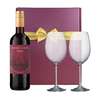 The Home Farm Shiraz 75cl Red Wine And Bohemia Glasses In A Gift Box